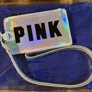 PINK RARE Victoria's Secret Silver Holographic Wristlet Cardholder Laniard